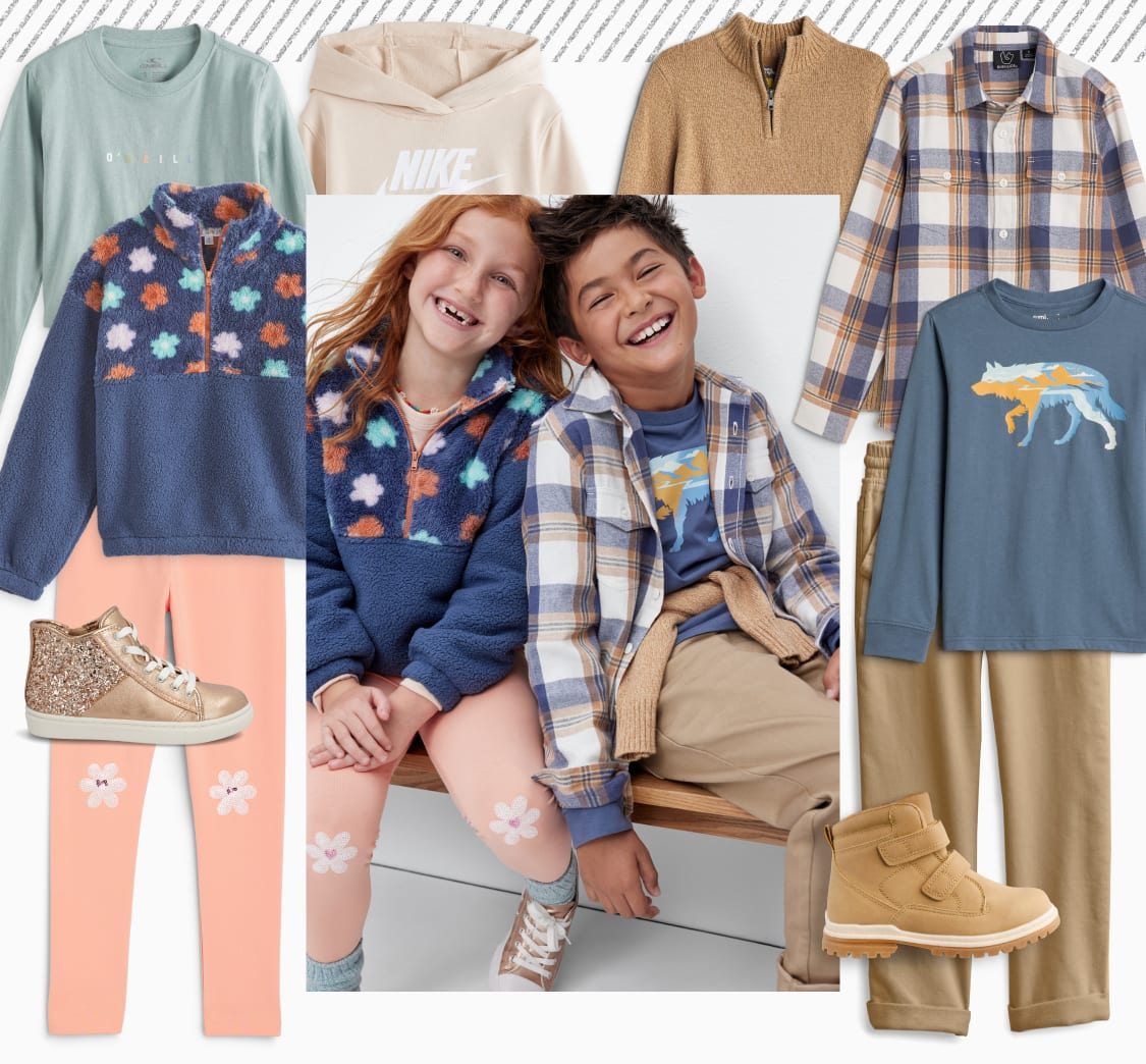 Selection of Stitch Fix kids’ winter clothes including printed fleece jackets, graphic t-shirts, cozy sweaters, flannel shirts, sneaker boots, puffer and beanie