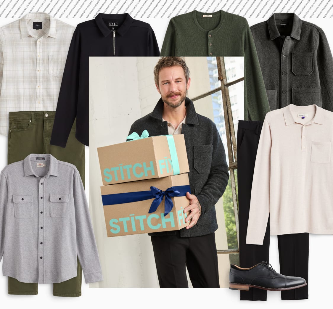 Selection of Stitch Fix men’s clothes for winter and holidays including dressed-up blazers, shirt jackets, chino pants, jeans, sweater polos, henley shirt and hybrid shoes