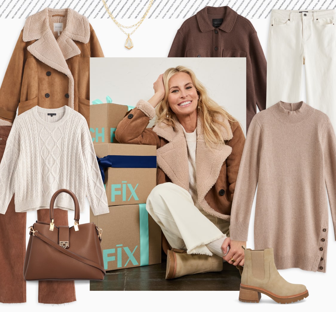Selection of Stitch Fix women’s winter clothes in neutral tones including stylish faux shearling coat, lug-soled boots, sweater dress, leather purse, cable-knit sweater, cardigan and corduroy pants