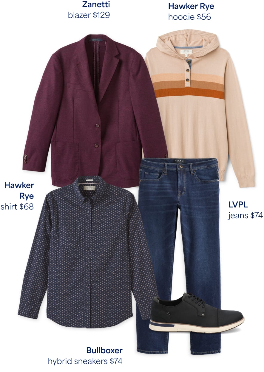 Daniel’s Fix: assortment of Stitch Fix men’s clothing including Zanetti blazer $129, Hawker Rye hoodie $56, LVPL jeans $74, Bullboxer hybrid sneakers $74, Hawker Rye shirt $68