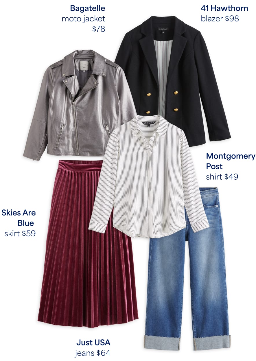 Robbie’s Fix: assortment of Stitch Fix clothing including Bagatelle silver moto jacket $78, 41 Hawthorn double-breasted blazer $98, Montgomery Post striped button-down shirt $49, Just USA wide-leg jeans $64, Skies Are Blue skirt $59