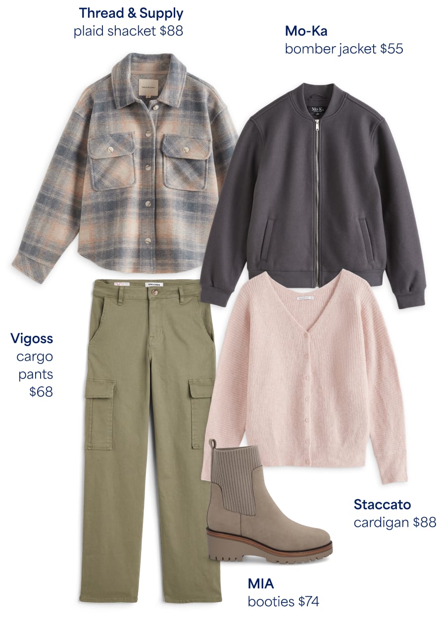 Lisa’s Fix: assortment of Stitch Fix clothing including Thread & Supply plaid shacket $88, Mo-Ka bomber jacket $55, Staccato cardigan $88, Mia booties $74, Vigoss cargo pants $68
