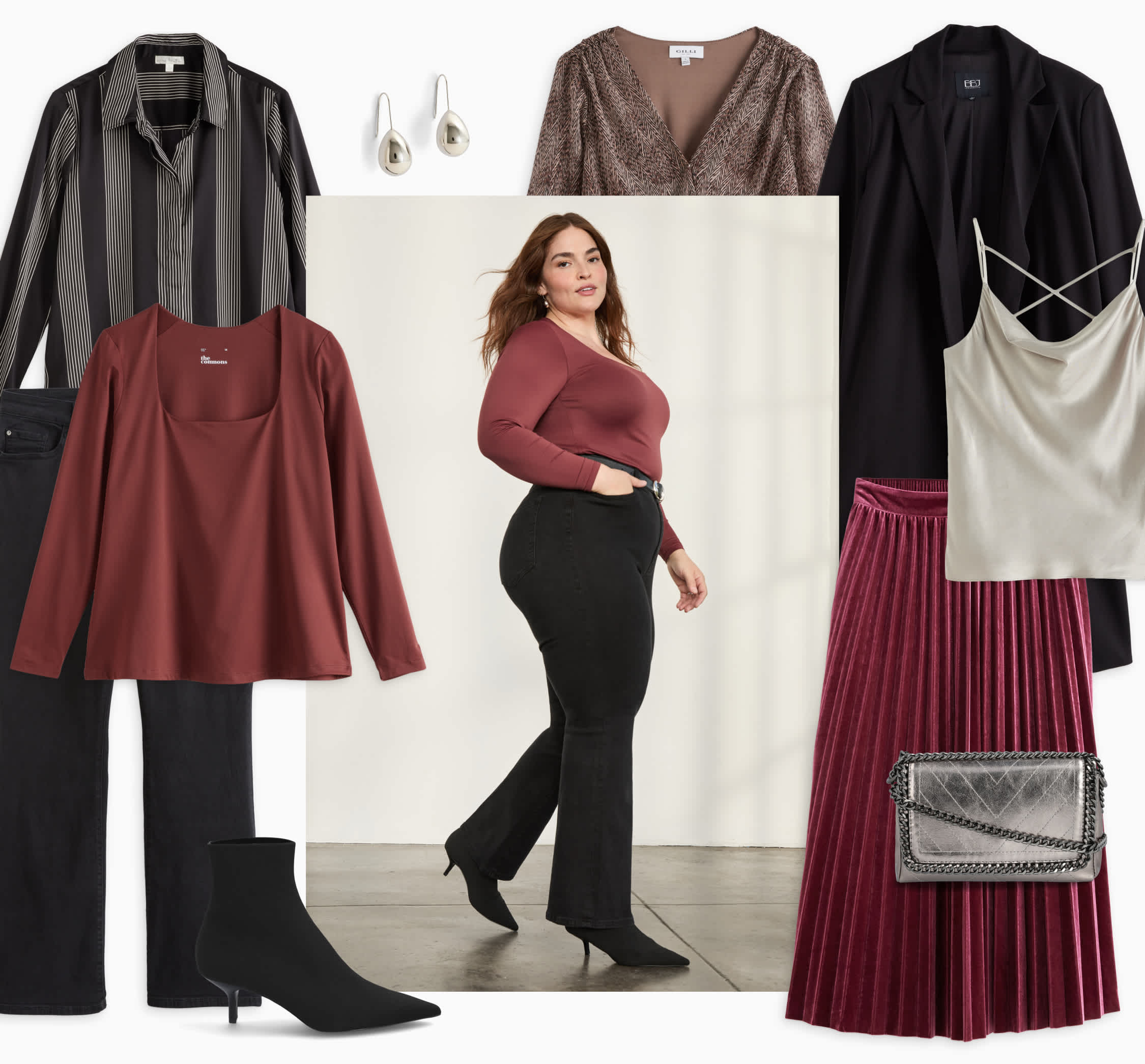 Selection of Stitch Fix women’s holiday clothes including shimmery accessories, slip dress, coat, blouses, boots and jewelry