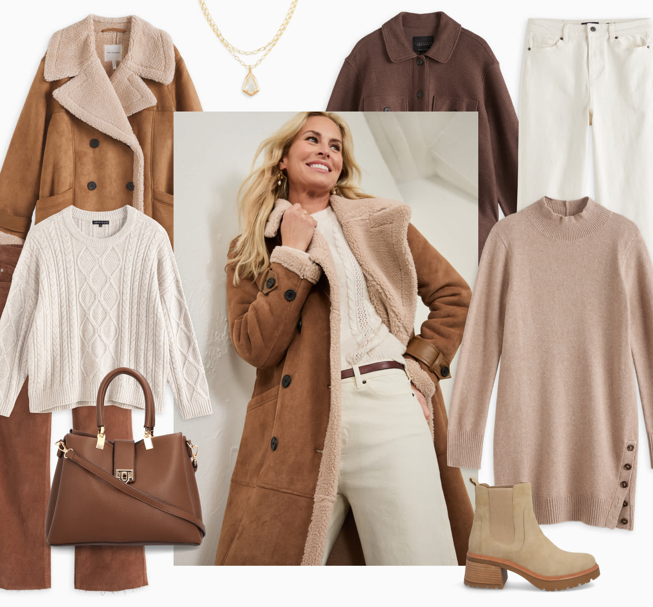 Selection of Stitch Fix women’s winter clothes in neutral tones including stylish faux shearling coat, lug-soled boots, sweater dress, leather purse, cable-knit sweater, cardigan and corduroy pants