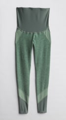Green maternity leggings activewear with pregnancy belly band.