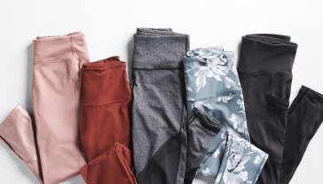 Maternity activewear leggings pants in pink, rust, grey, blue floral print, and black colors.