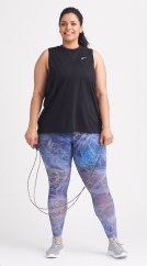 Plus size activewear clothing including a black muscle tee and blue leggings.