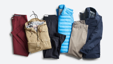 Men’s athleisure clothing including pants, jackets and a vest in various colors.