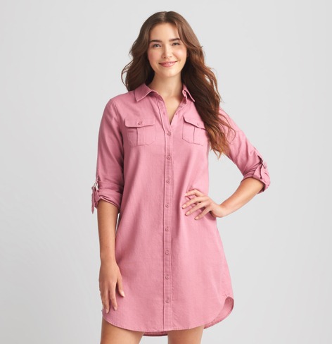 Pink shirt dress with collar and pocket detail.
