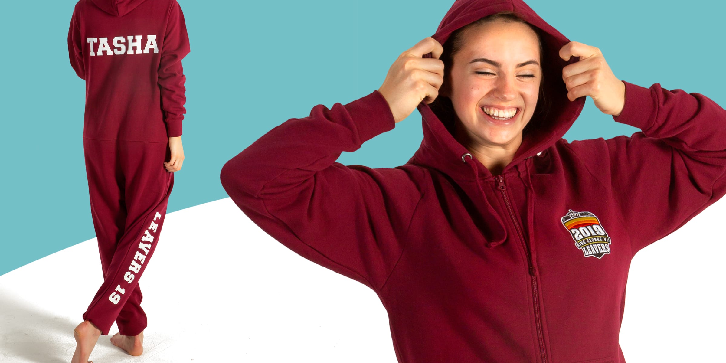 Personalised onesies with logos, designs and printed text for schools, boarding school, dorm rooms