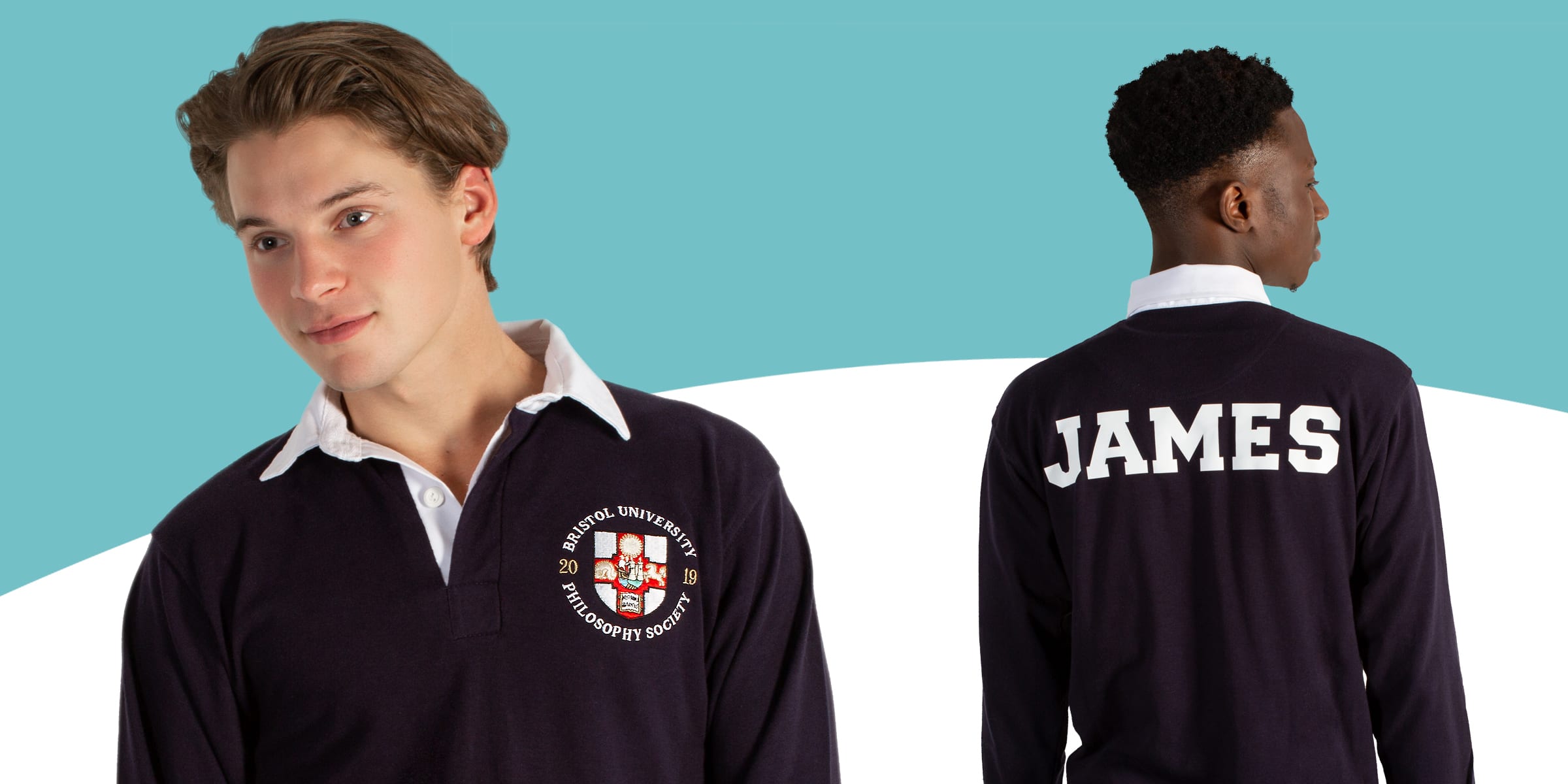 Rugby shirts with printed and embroidered logos, names and numbers