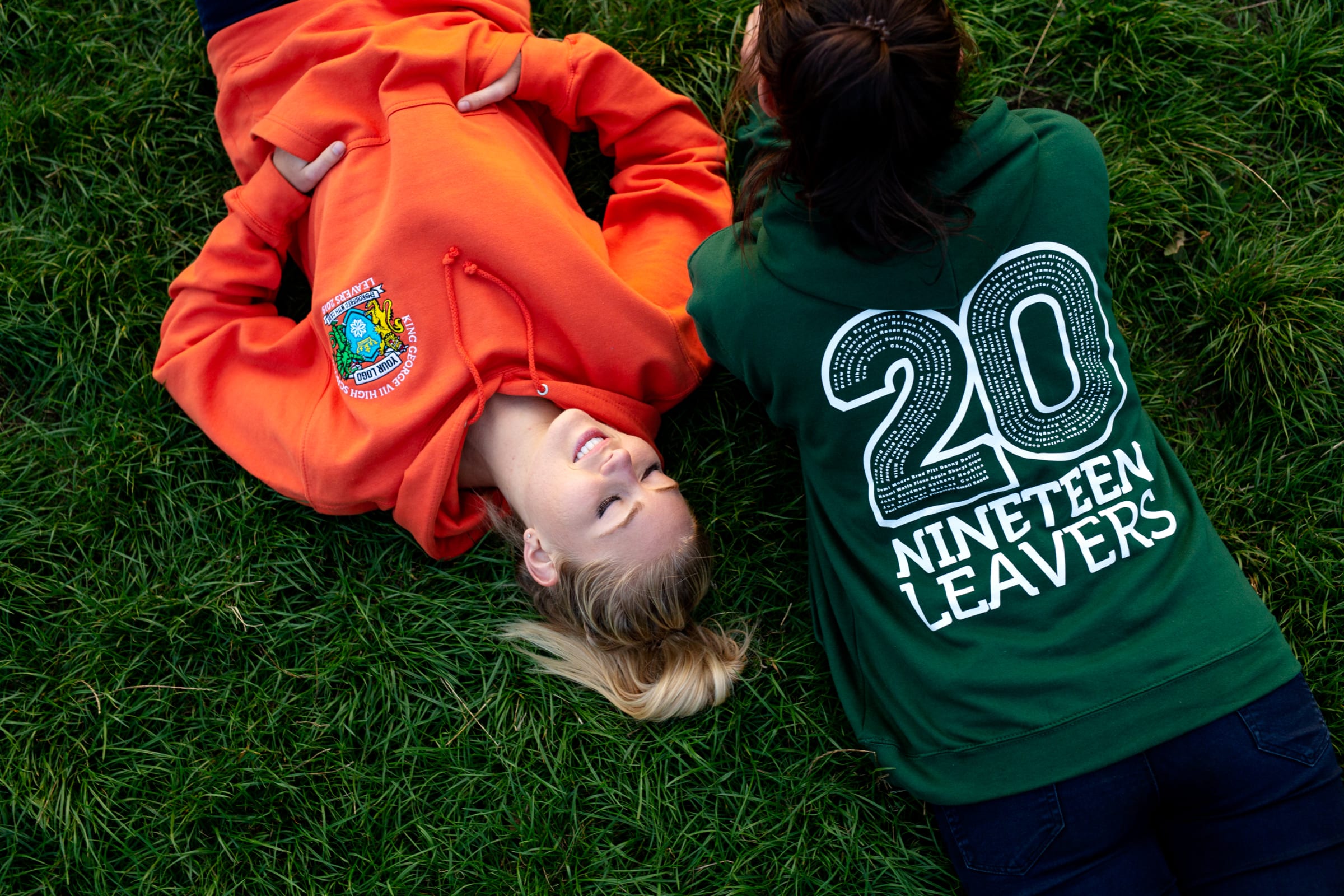 Models wear our College Hoodies in burnt organge and bottle green