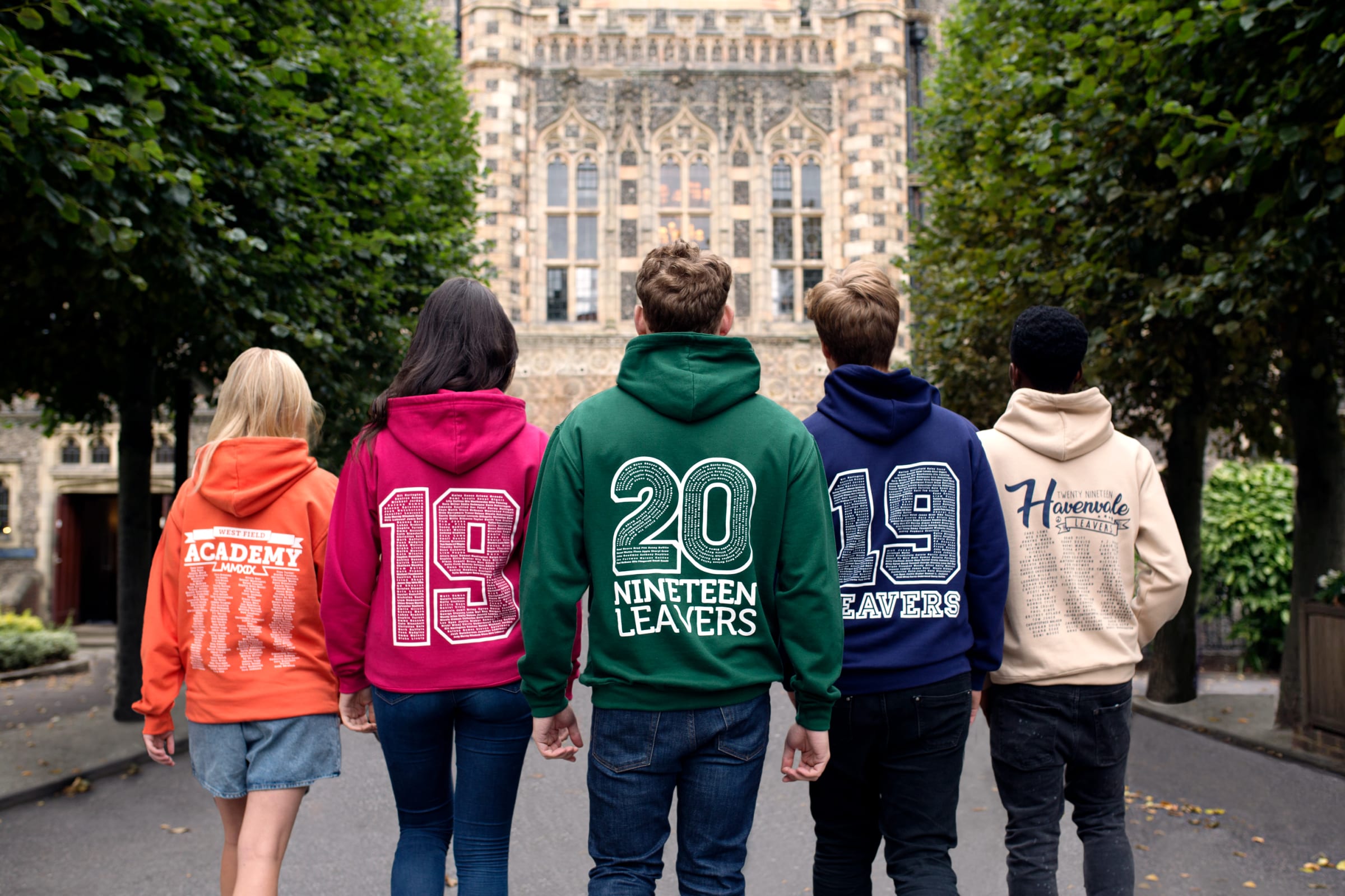 Models wear our College Hoodies with a variety of leavers prints