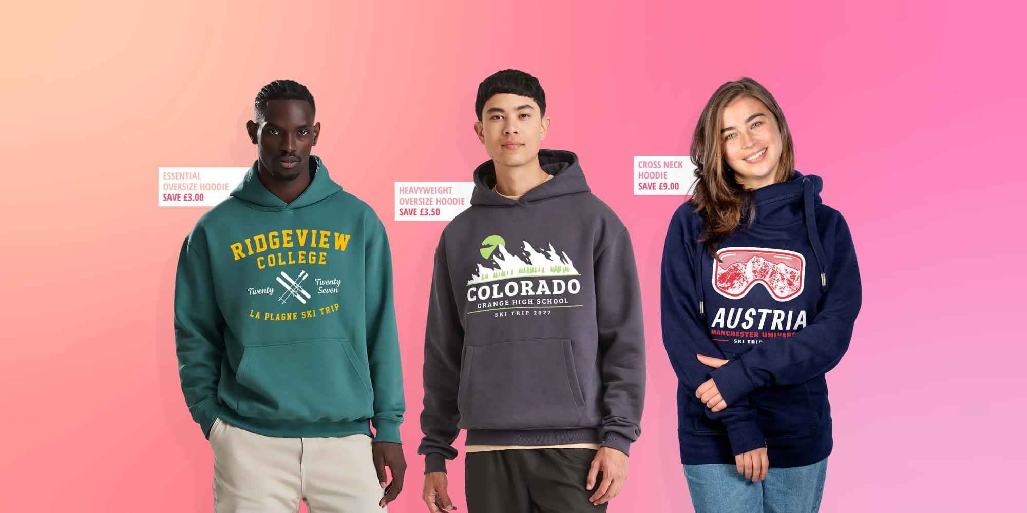 Students modelling essential oversize, heavyweight and cross neck ski trip hoodies on a price drop