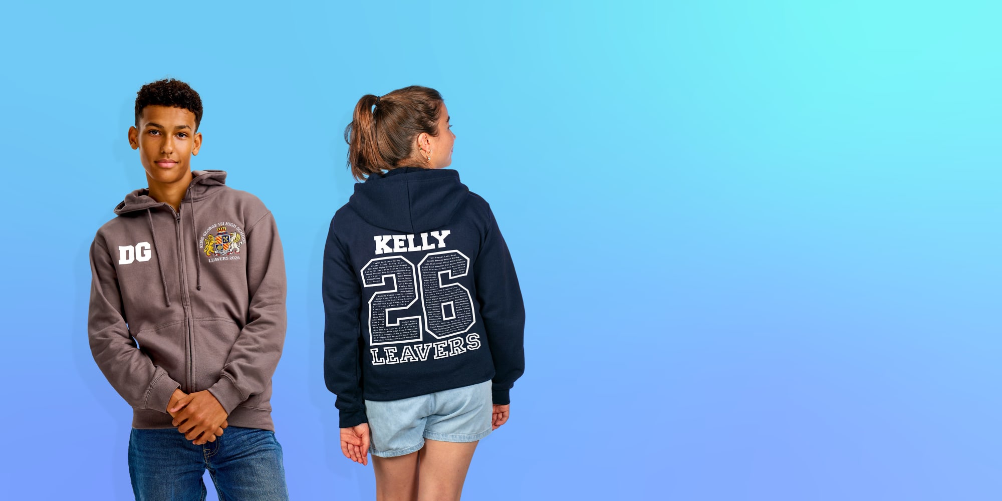 Leavers hoodies with names, nicknames, initials and personalisation