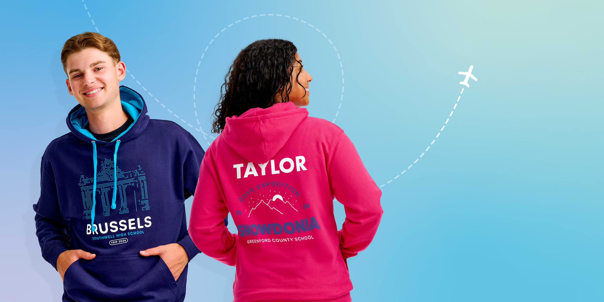 School trip hoodies with custom logos, maps, destinations and names.