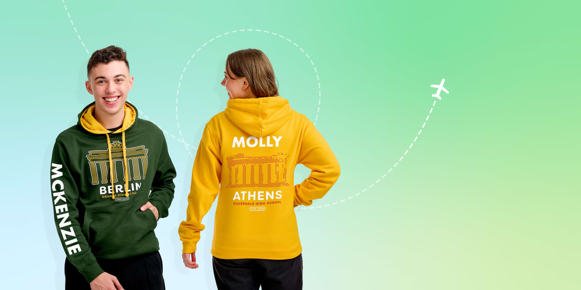 School trip hoodies with custom logos, maps, destinations and names.