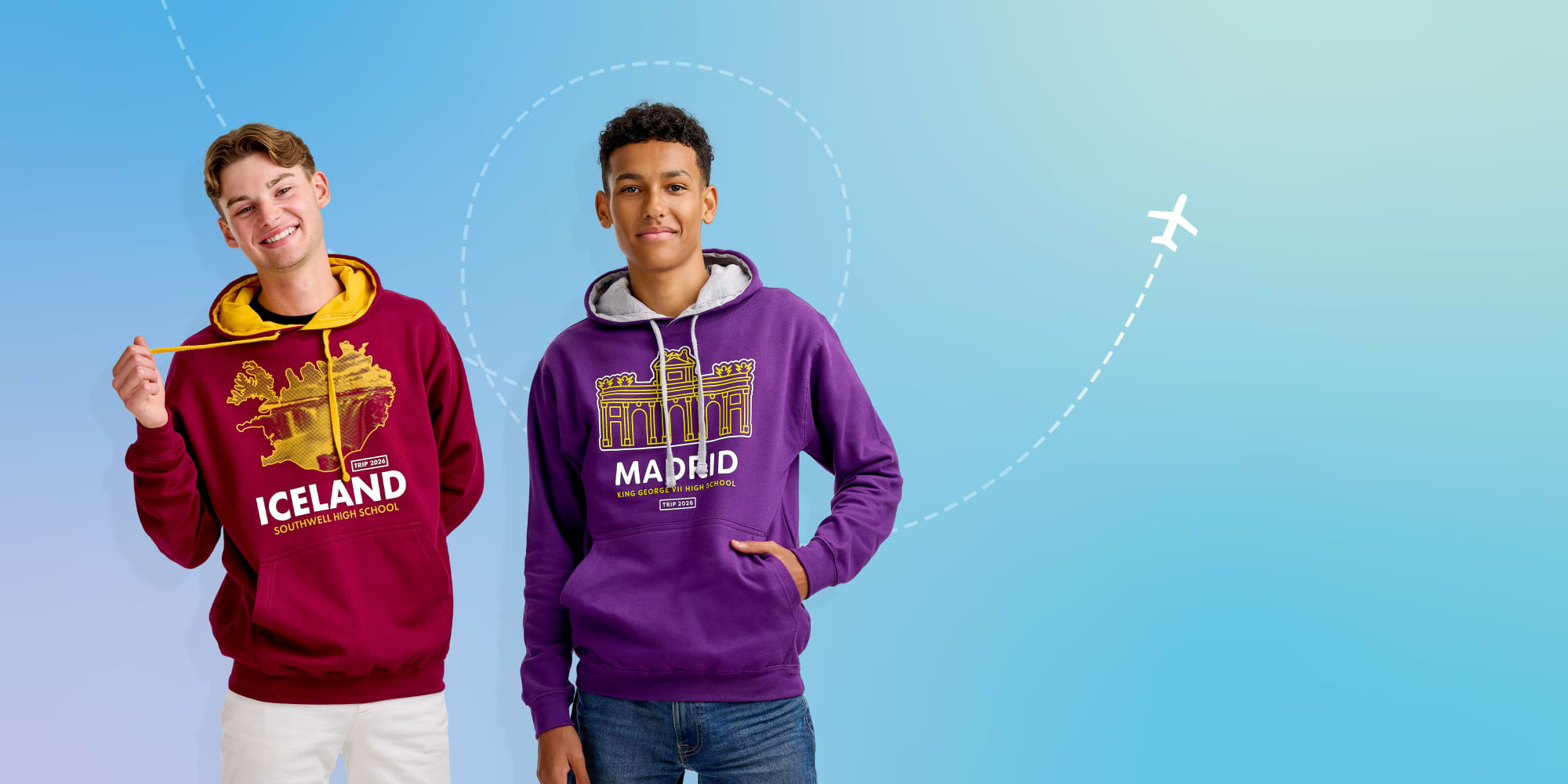 Customise your school trip hoodies with a school and destination