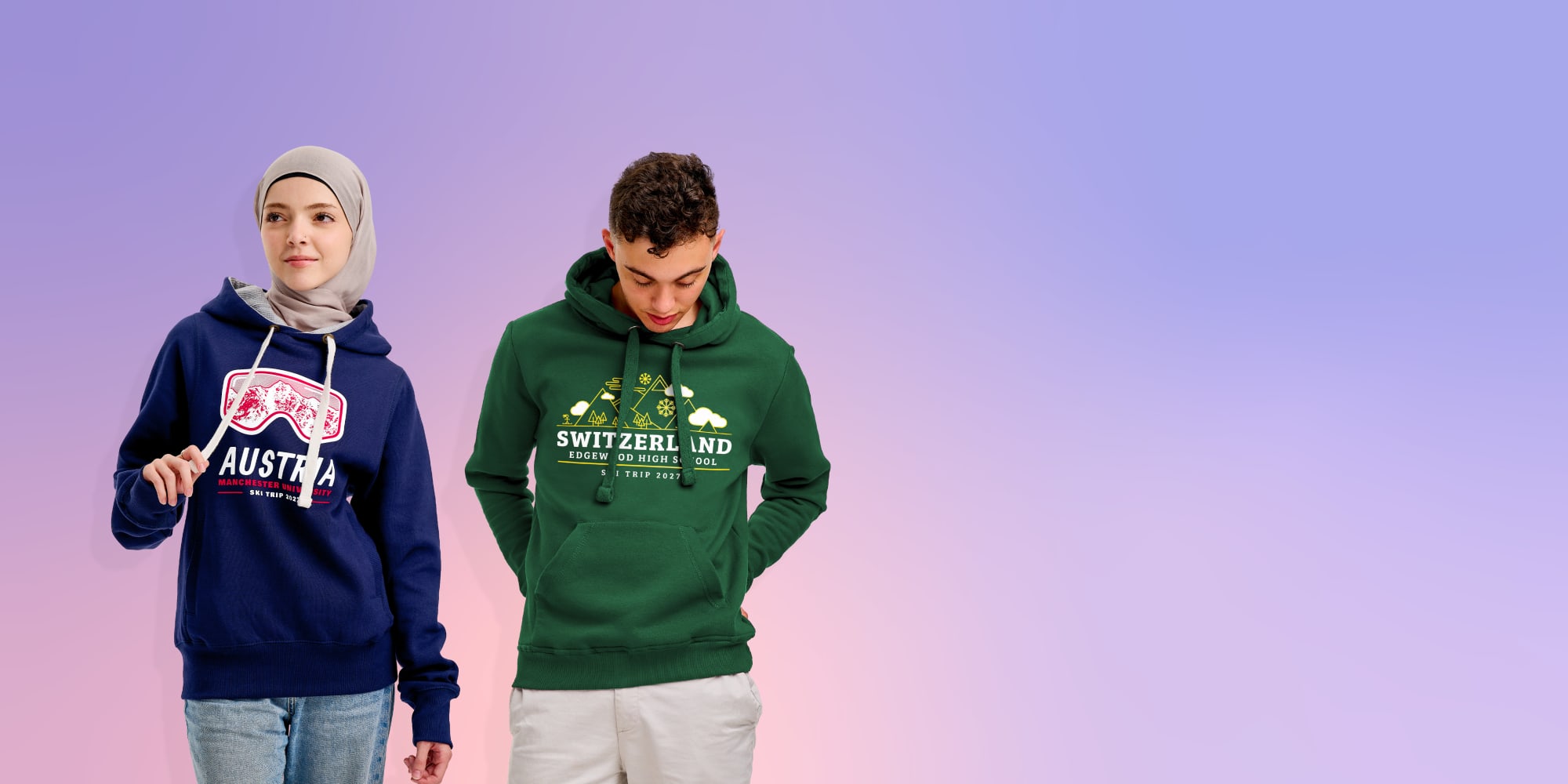 Students wearing custom Austria and Switzerland ski trip hoodie designs