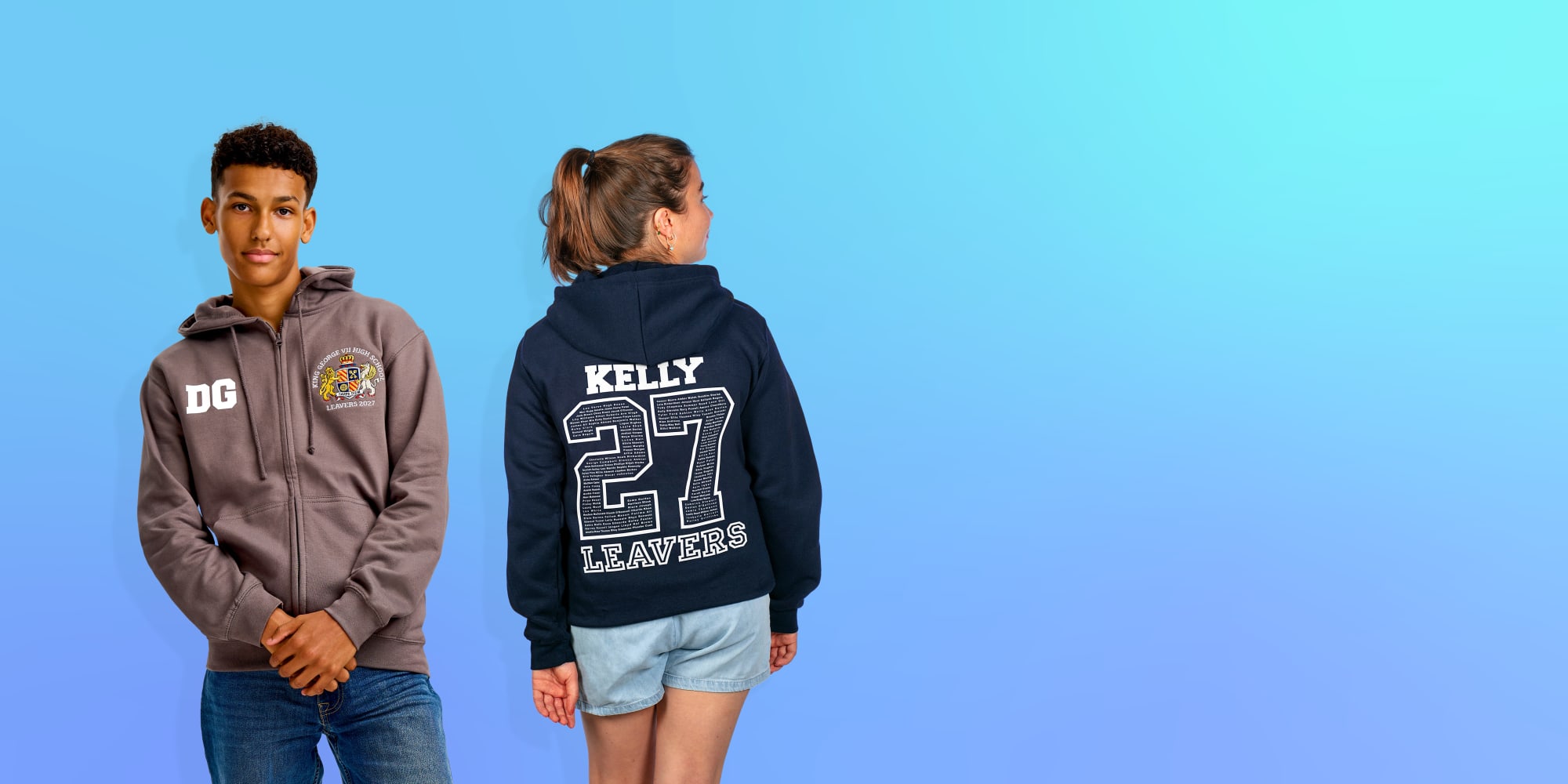 Leavers hoodies with names, nicknames, initials and personalisation