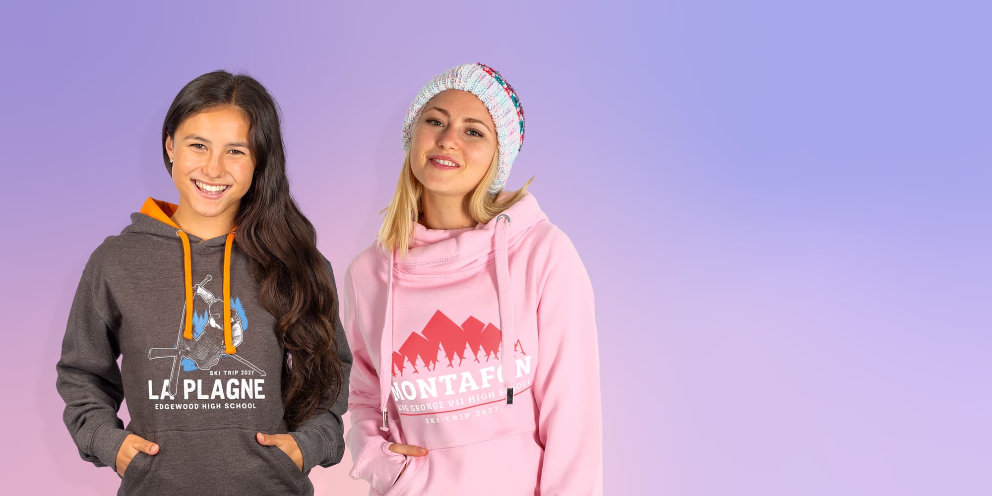 Students wearing custom printed ski trip hoodies, including La Plagne and Montafon designs