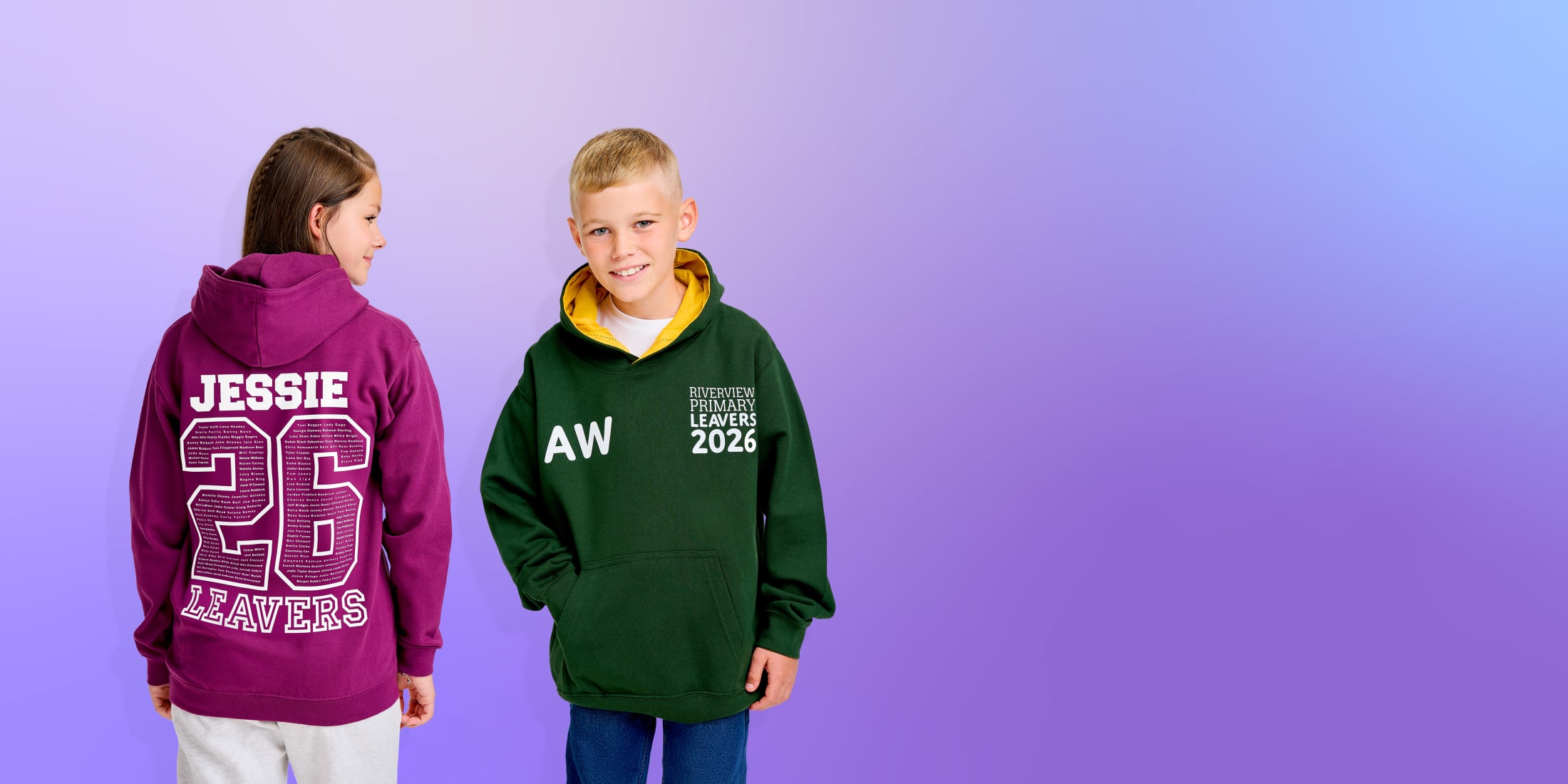 Leavers hoodies with names, nicknames, initials and personalisation
