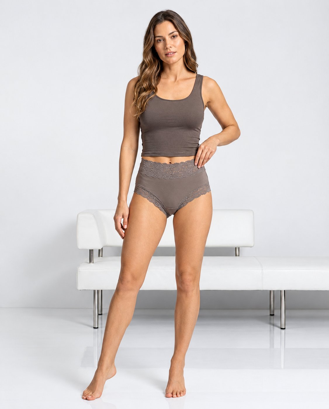 Women's High Waisted Lace Briefs in Mauva Brown Color – Soft Viscose Stretch Panty - Taupe Lace Set Studio Portrait
