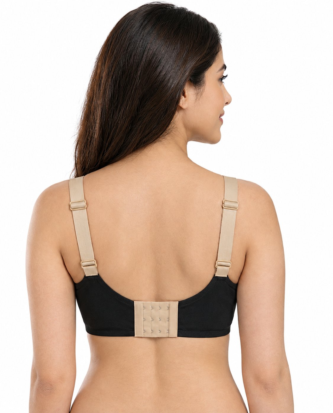 Black Printed Seamless Padded Jelly Bra | Stretchable Comfort Bra for Women - Studio Back View with Beige-Strap Bra