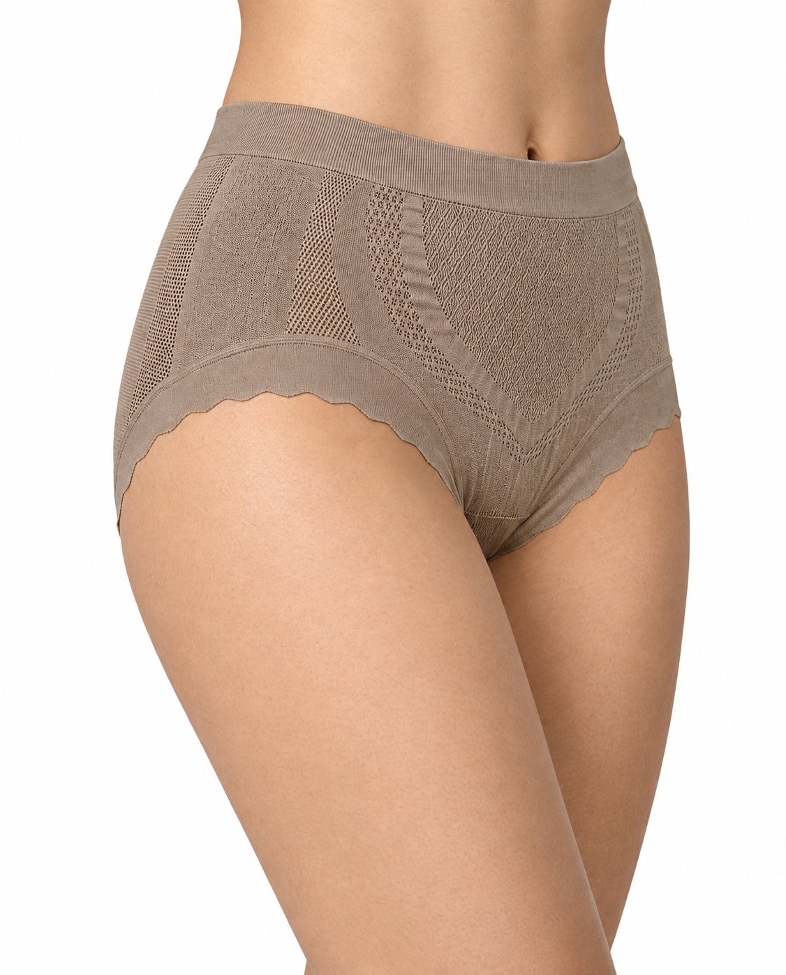 Women Designer High Rise Beige Panty – Soft Nylon Spandex Panty - Taupe Textured High-Waisted Shapewear