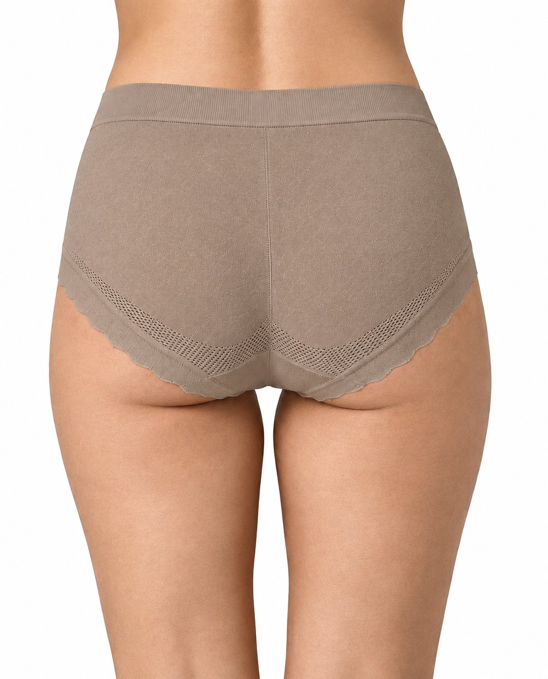 Women Designer High Rise Beige Panty – Soft Nylon Spandex Panty - Taupe Textured Knit Briefs Back View
