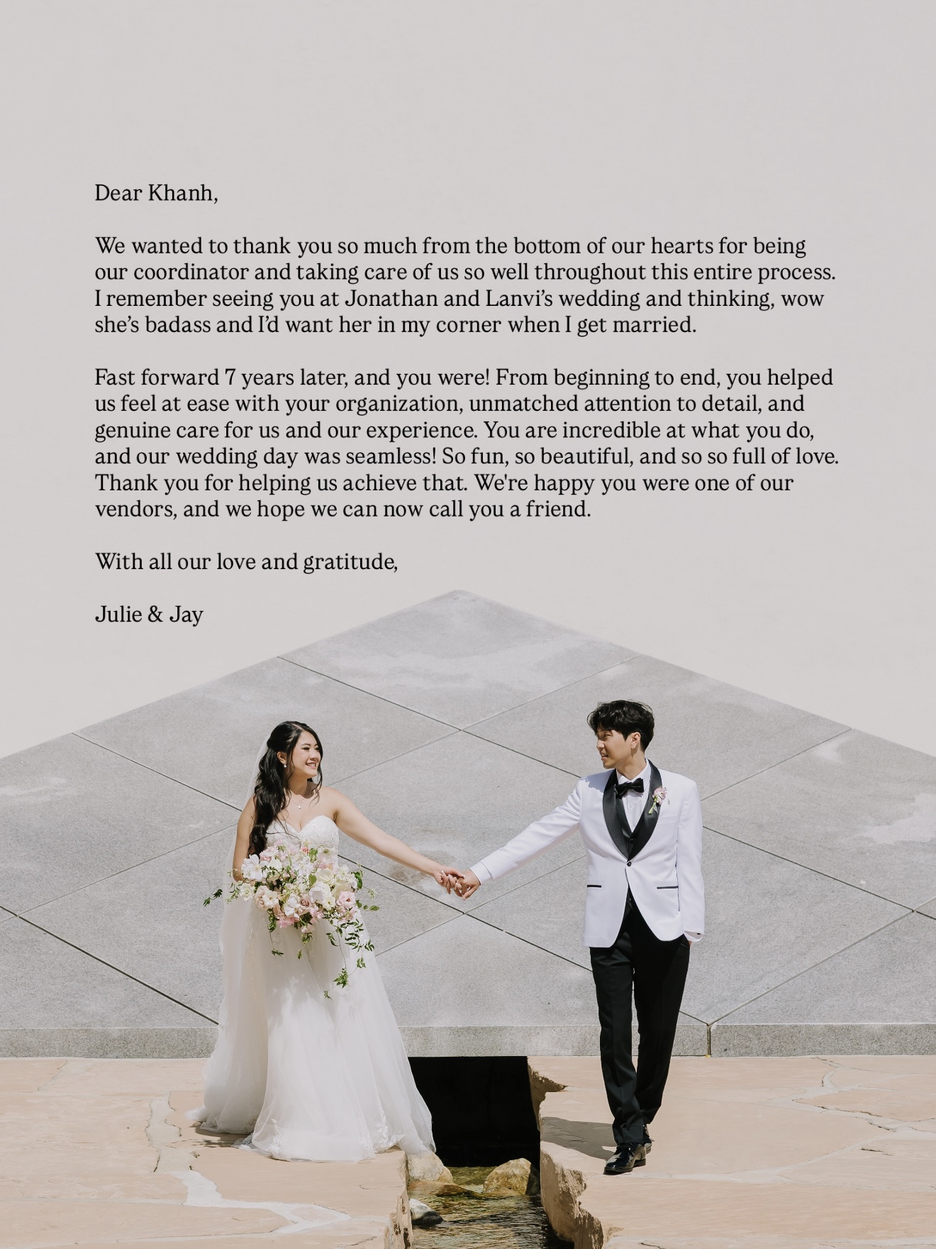 Handwritten thank-you letter to Khanh above a photo of the couple