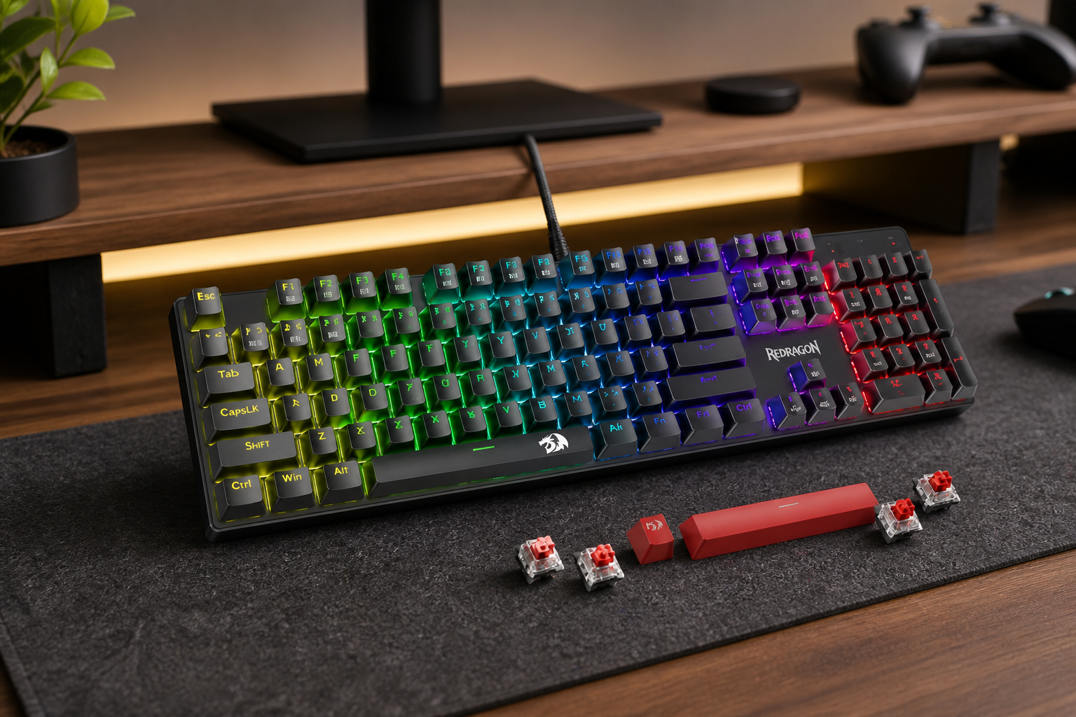 Redragon Mechanical Gaming Keyboard Wired, 11 Programmable Backlit Modes, Hot-Swappable Red Switch, Anti-Ghosting, Double-Shot PBT Keycaps, Light Up Keyboard for PC Mac