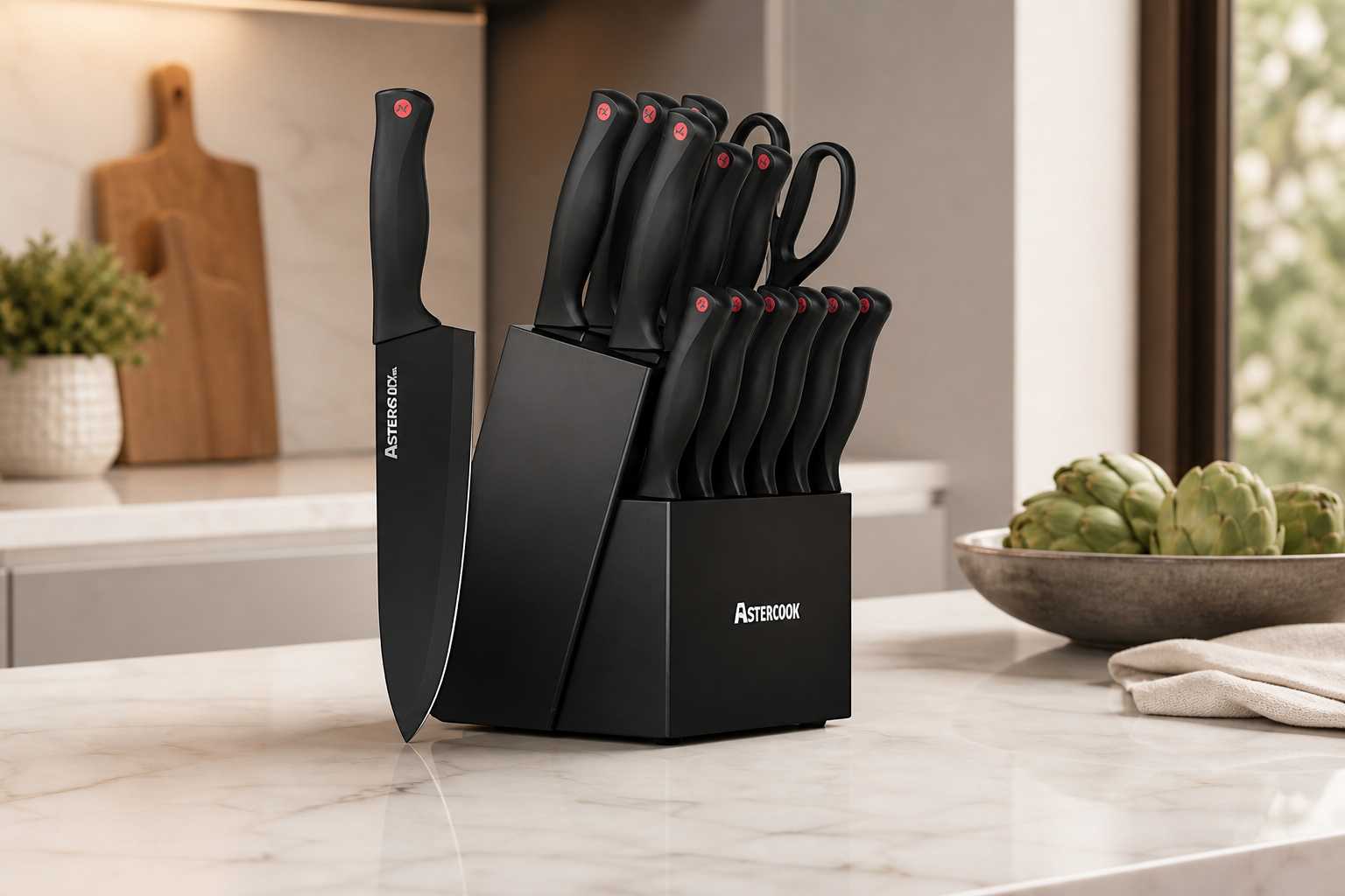 Astercook Knife Set for Kitchen with Block and Sharpener 15pcs German