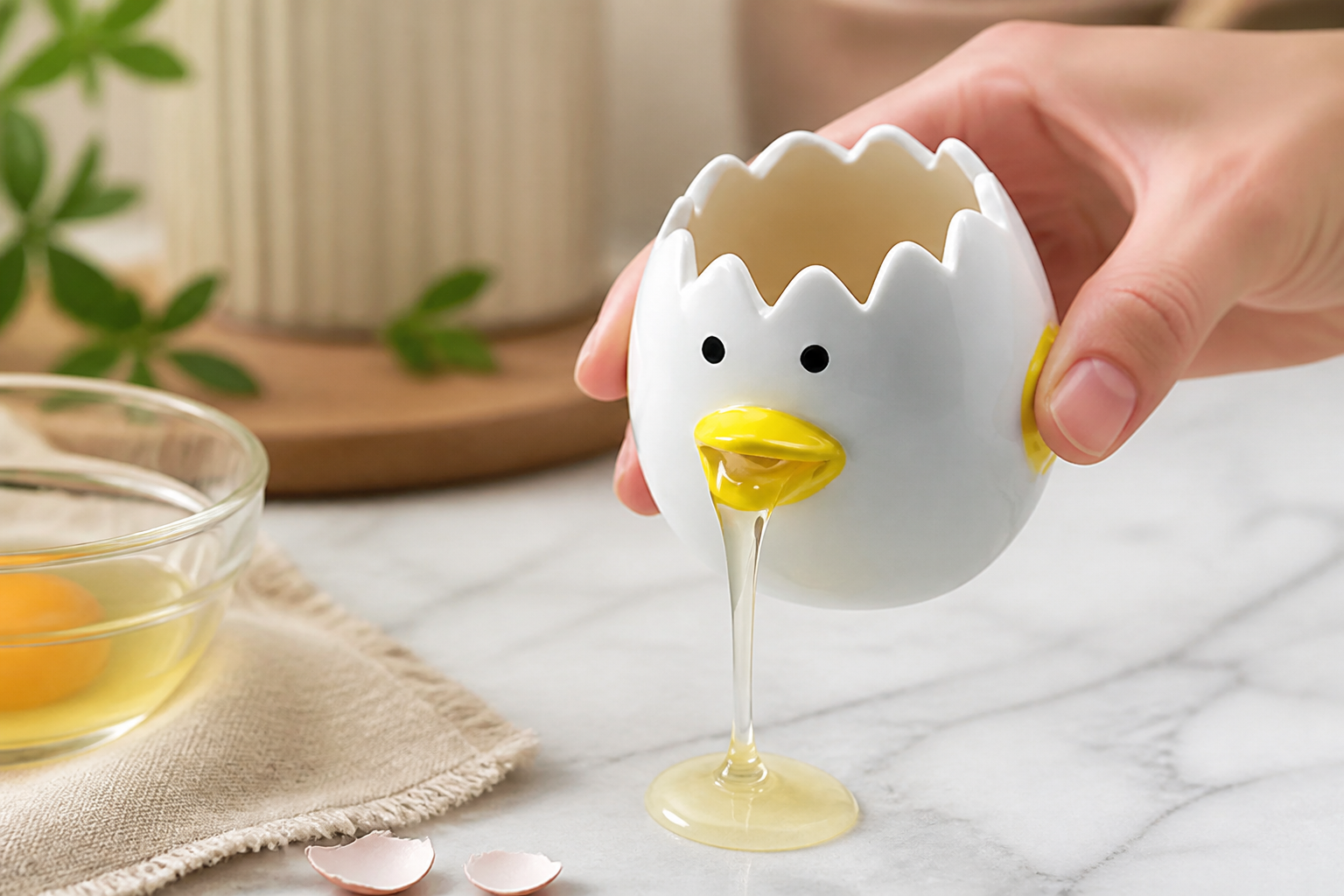 LuoCoCo Cute Egg Separator, Ceramics Vomiting Chicken Egg Yolk White Separator, Practical Household Small Egg Filter Splitter, Kitchen Gadget Baking Assistant Tool, Dishwasher Safe (Yellow)