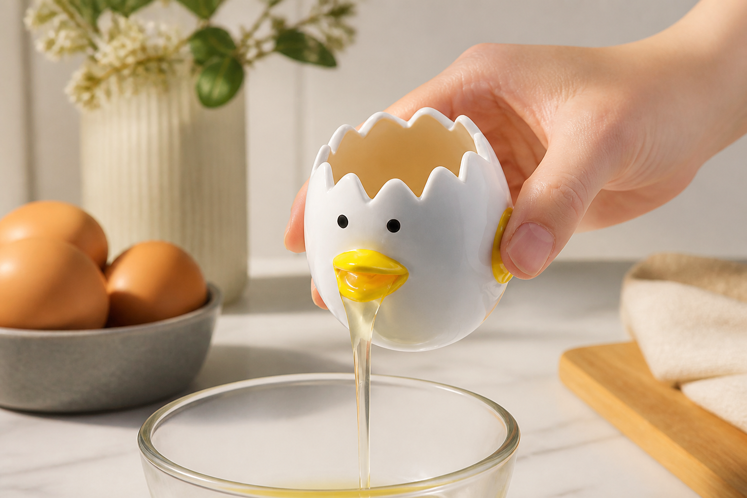 LuoCoCo Cute Egg Separator, Ceramics Vomiting Chicken Egg Yolk White Separator, Practical Household Small Egg Filter Splitter, Kitchen Gadget Baking Assistant Tool, Dishwasher Safe (Yellow)