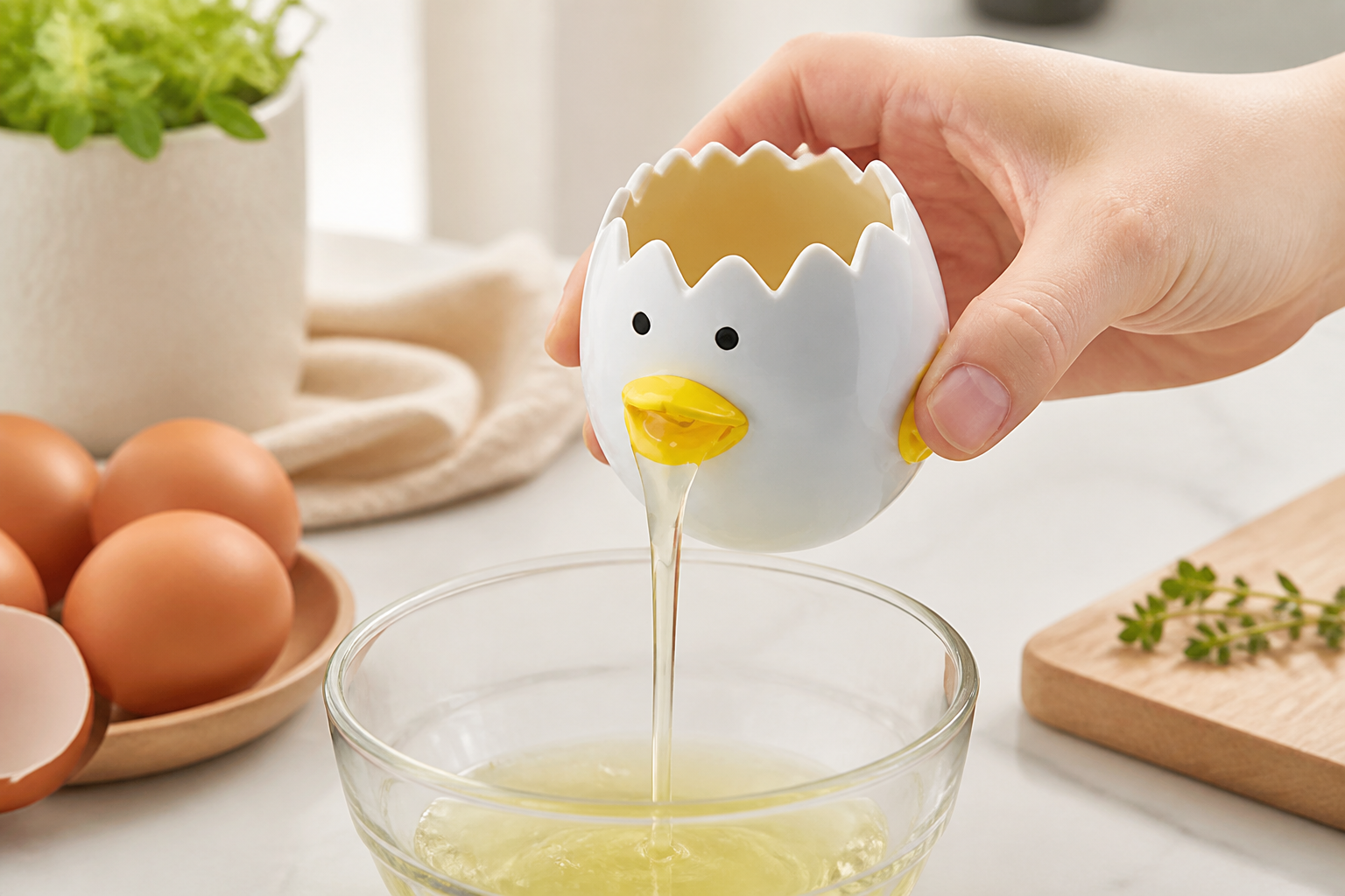 LuoCoCo Cute Egg Separator, Ceramics Vomiting Chicken Egg Yolk White Separator, Practical Household Small Egg Filter Splitter, Kitchen Gadget Baking Assistant Tool, Dishwasher Safe (Yellow)