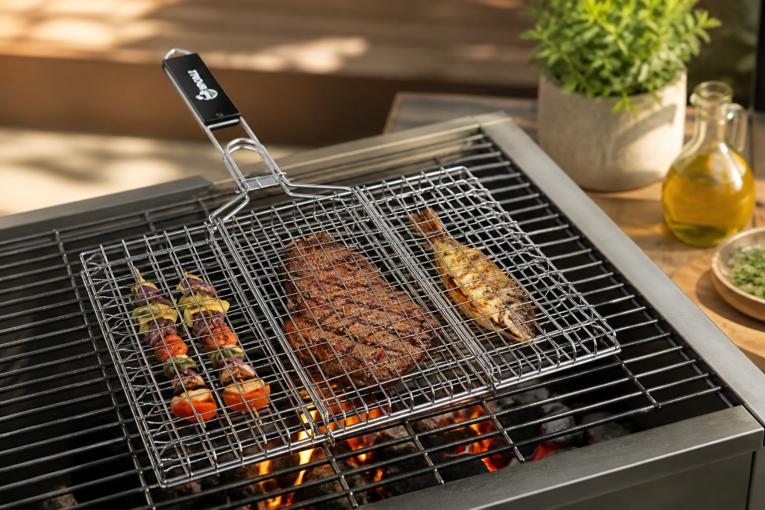 UPGRILLZ Fish Grill Baskets for Outdoor Grill Vegetables, Fish Grilling rack for Grill, BBQ Grilling Basket, Stainless steel Grill Basket for Veggies, shrimp Includes 50 skewers, Silicon Brush, and Carry Bag