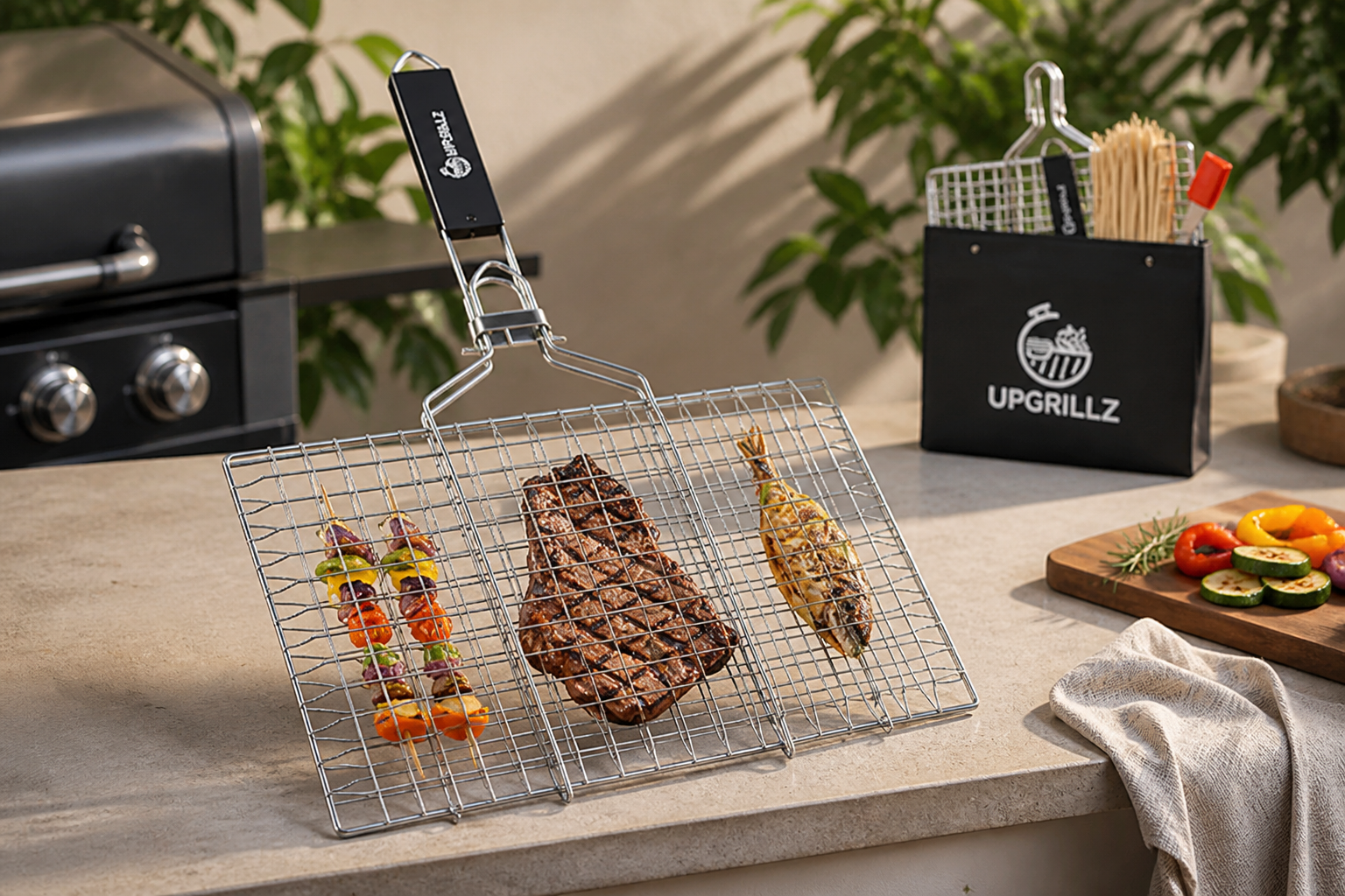 UPGRILLZ Fish Grill Baskets for Outdoor Grill Vegetables, Fish Grilling rack for Grill, BBQ Grilling Basket, Stainless steel Grill Basket for Veggies, shrimp Includes 50 skewers, Silicon Brush, and Carry Bag