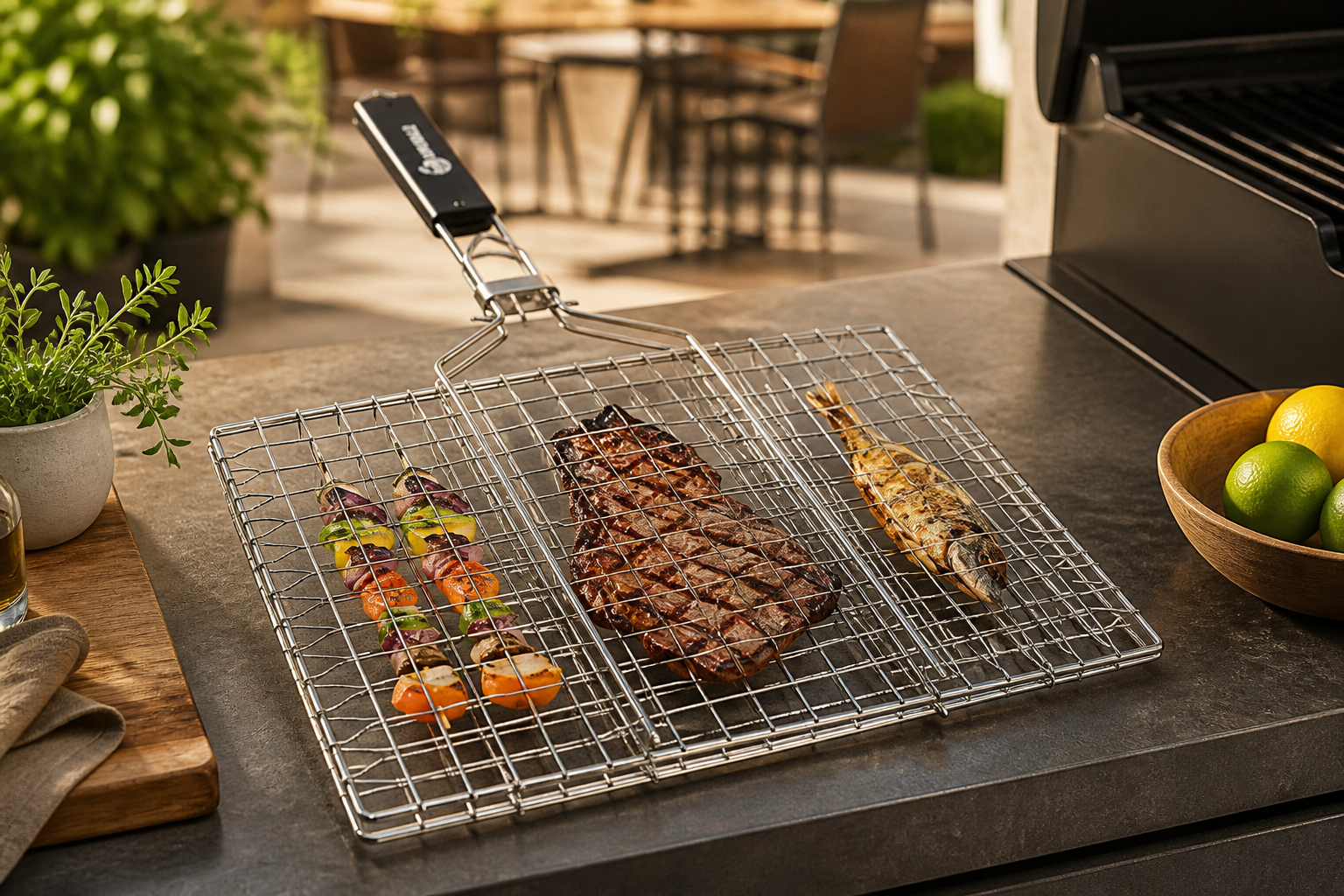 UPGRILLZ Fish Grill Baskets for Outdoor Grill Vegetables, Fish Grilling rack for Grill, BBQ Grilling Basket, Stainless steel Grill Basket for Veggies, shrimp Includes 50 skewers, Silicon Brush, and Carry Bag