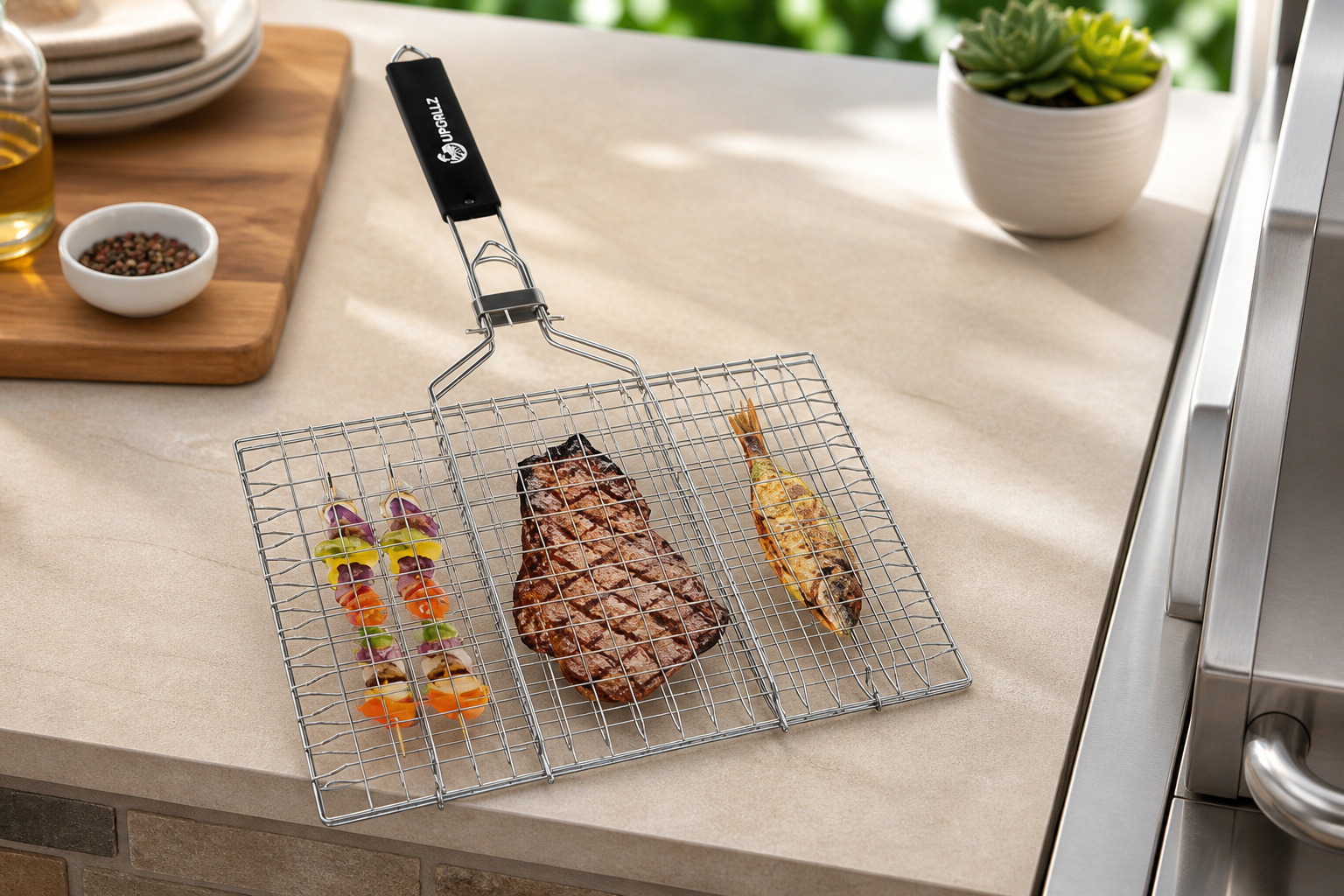 UPGRILLZ Fish Grill Baskets for Outdoor Grill Vegetables, Fish Grilling rack for Grill, BBQ Grilling Basket, Stainless steel Grill Basket for Veggies, shrimp Includes 50 skewers, Silicon Brush, and Carry Bag