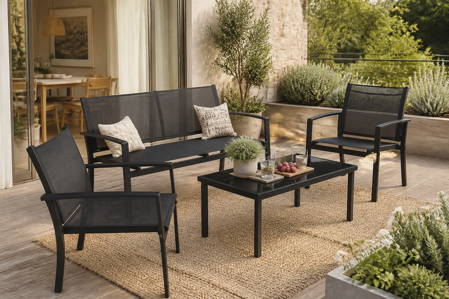 Shintenchi 4 Pieces Patio Furniture Set All Weather Textile Fabric Outdoor Conversation Set, with Glass Coffee Table, Loveseat, 2 Single Chairs for Home, Garden, Lawn, Porch（Black）