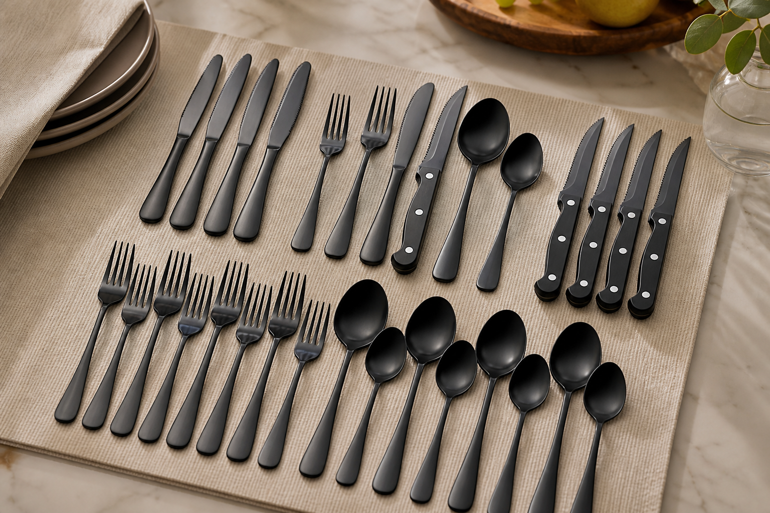 EWFEN 24-Piece Black Silverware Set with Steak Knives, Black Flatware Set for 4, Food-Grade Stainless Steel Tableware Cutlery Set, Mirror Finished Utensil Sets for Home Restaurant, Round Edge