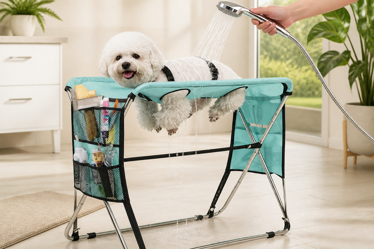 Pet Grooming Hammock with Stand, Foldable Design, Holds Up to 165 Lbs, Joint Protection for Dogs, Restraint Tool for Small & Medium Pets, Ideal for Home and Salon Daily Grooming
