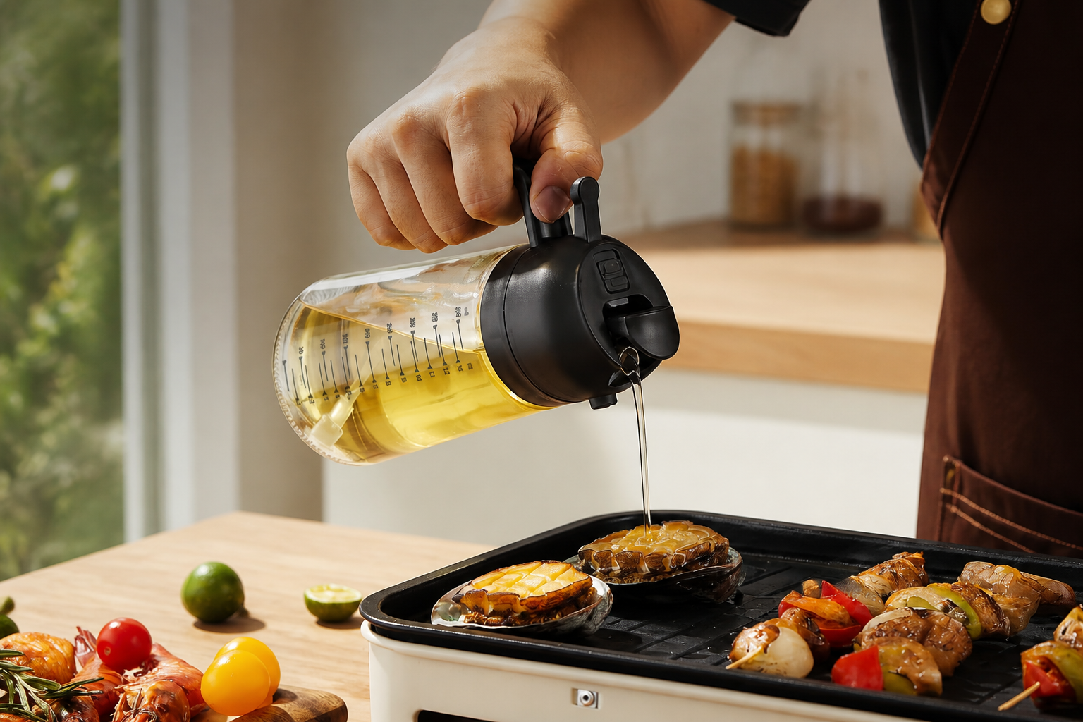 TrendPlain 16oz/470ml Glass Olive Oil Sprayer for Cooking – 2 in 1 Olive Oil Dispenser Bottle for Kitchen Gadgets and Air Fryer Accessories, Salad, BBQ - Black