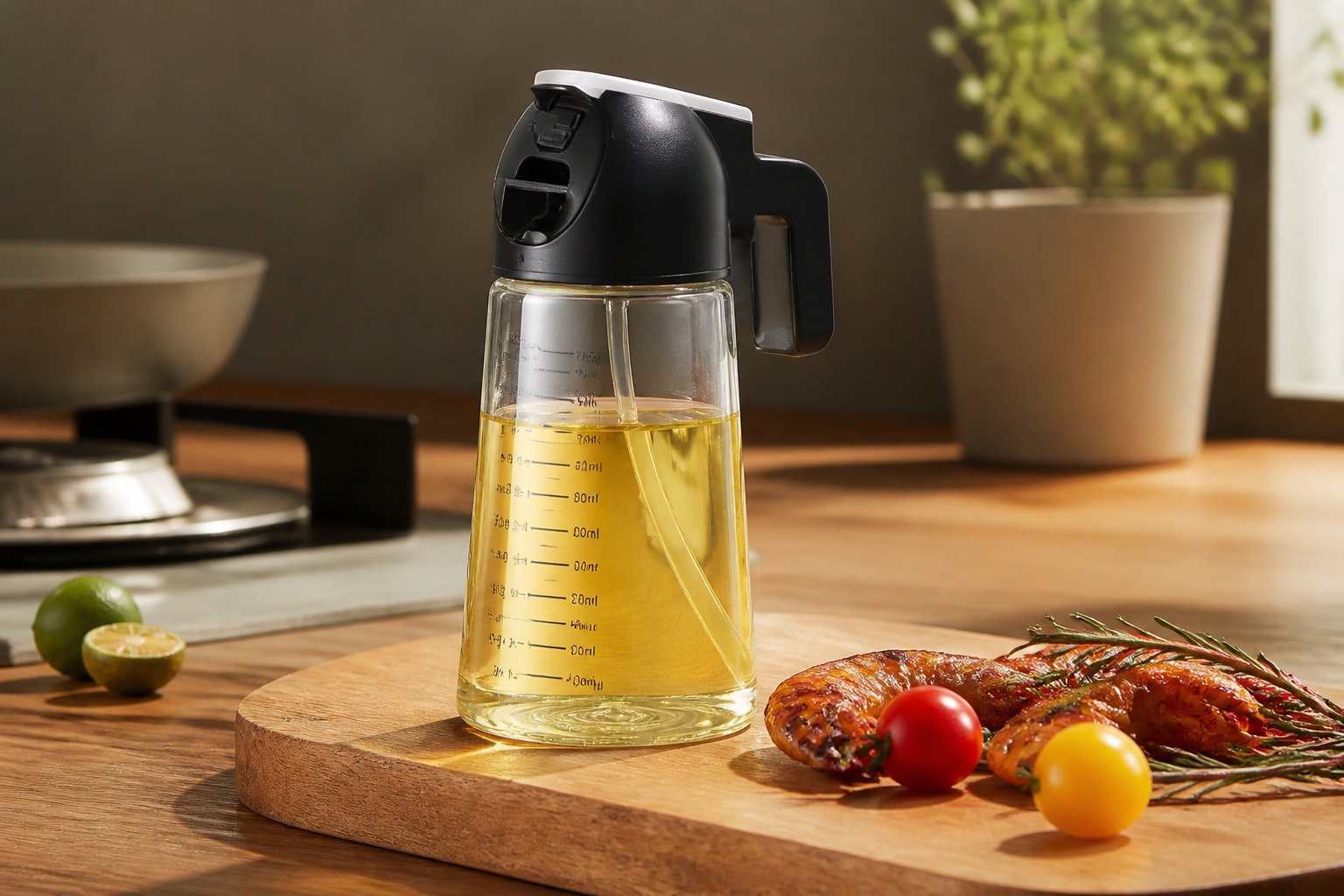TrendPlain 16oz/470ml Glass Olive Oil Sprayer for Cooking – 2 in 1 Olive Oil Dispenser Bottle for Kitchen Gadgets and Air Fryer Accessories, Salad, BBQ - Black
