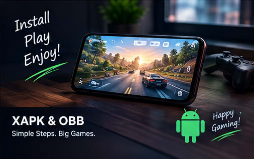 Android phone with game controller and the words Install, Play, Enjoy