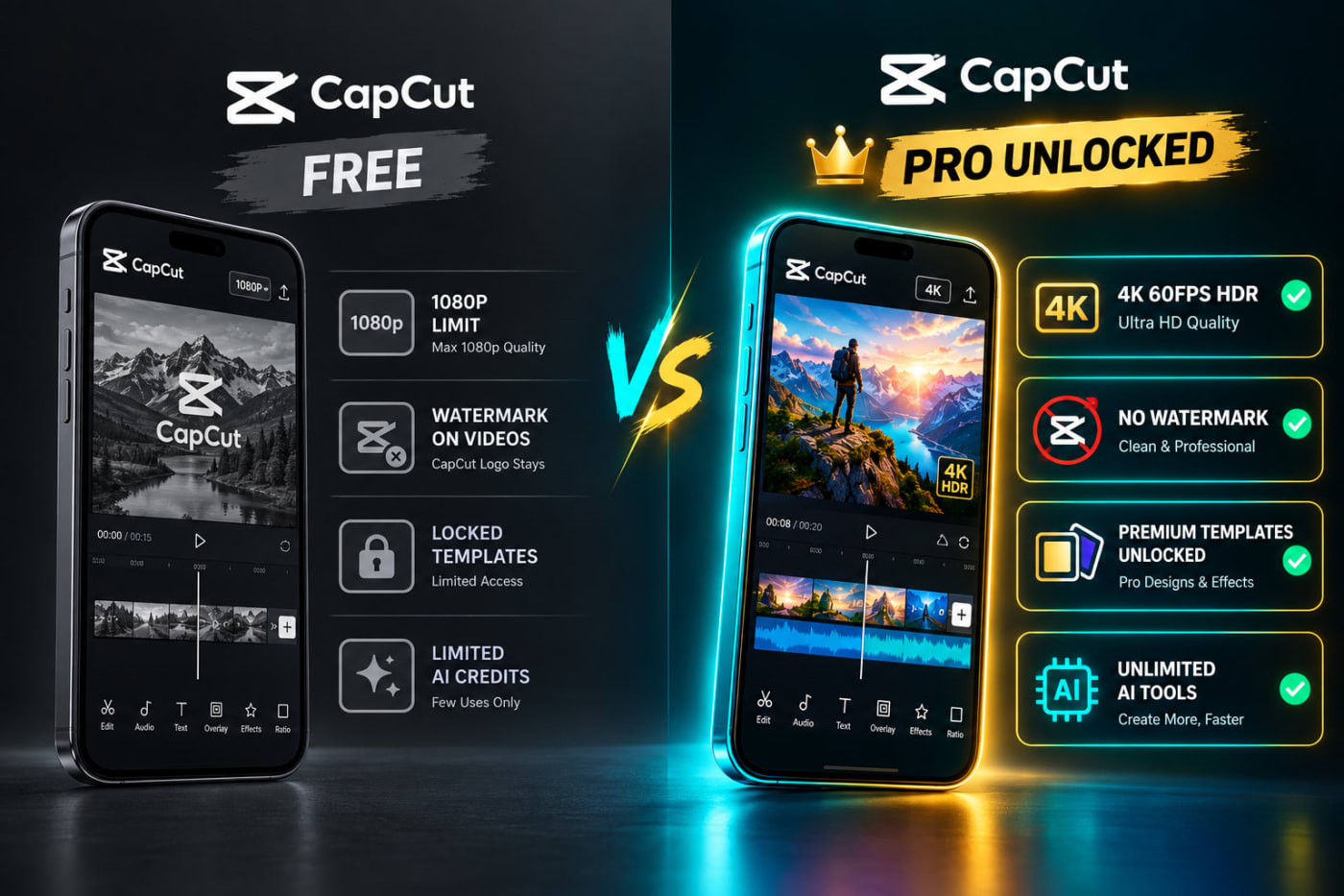 CapCut Free vs Pro Unlocked Comparison 2026 - 1080p Limit vs 4K HDR No Watermark Premium Templates Unlocked