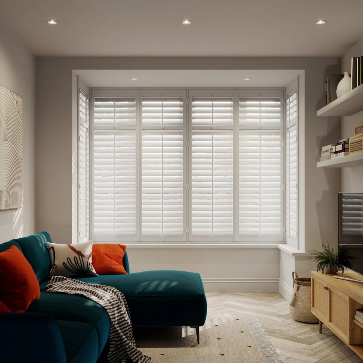 Plantation shutters in a bright living room