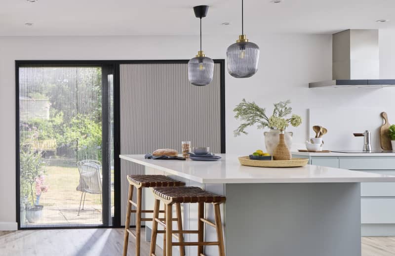 Arena Blind Screen in Dove Grey with black flyscreen on kitchen sliding doors