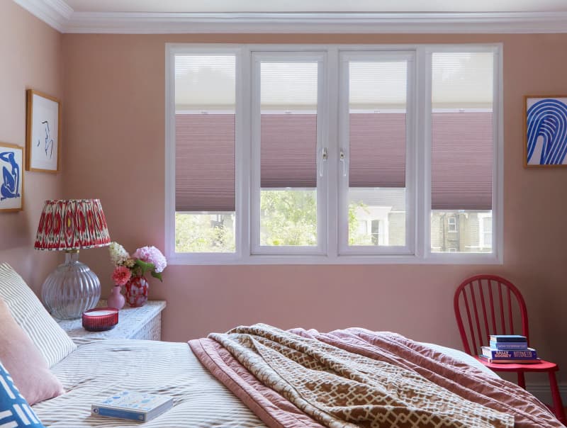 Duette Transition blinds in Pearl and Blush in a bedroom